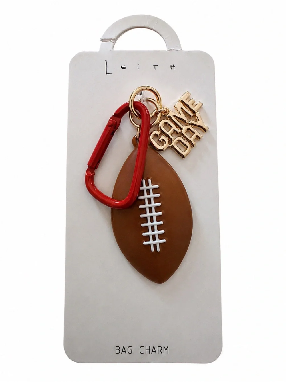 Leith Brown Football Bag Charm with Red Clip